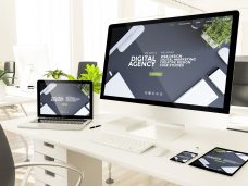 responsive devices showing digital agency at loft office 3d rendering mockup
